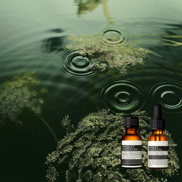 Due boccette contagocce ambrate Aesop adagiate su muschio verde sommerso sotto un'acqua scura e increspata.