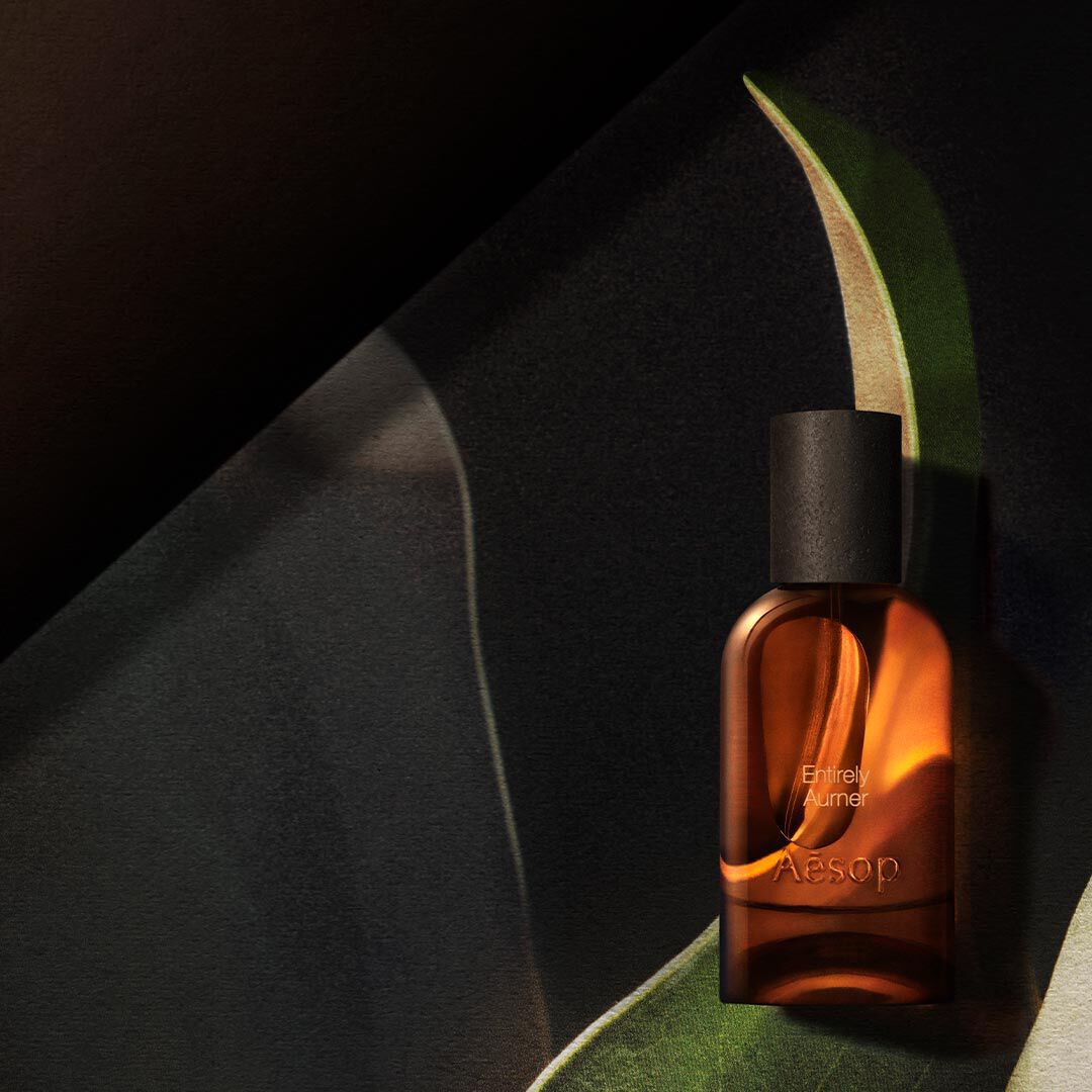 Singola bottiglia Aesop in vetro ambrato, illuminata da un caldo bagliore, incorniciata da forme curve simili a foglie nei toni del verde scuro, crema e nero.