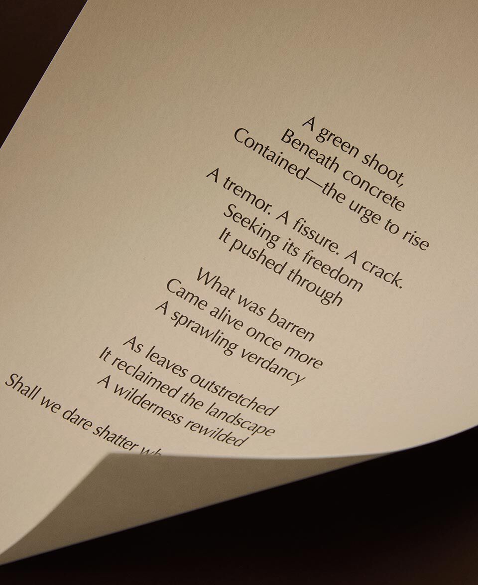 Primo piano di una pagina di carta color crema, con versi poetici e un bordo delicatamente arricciato.